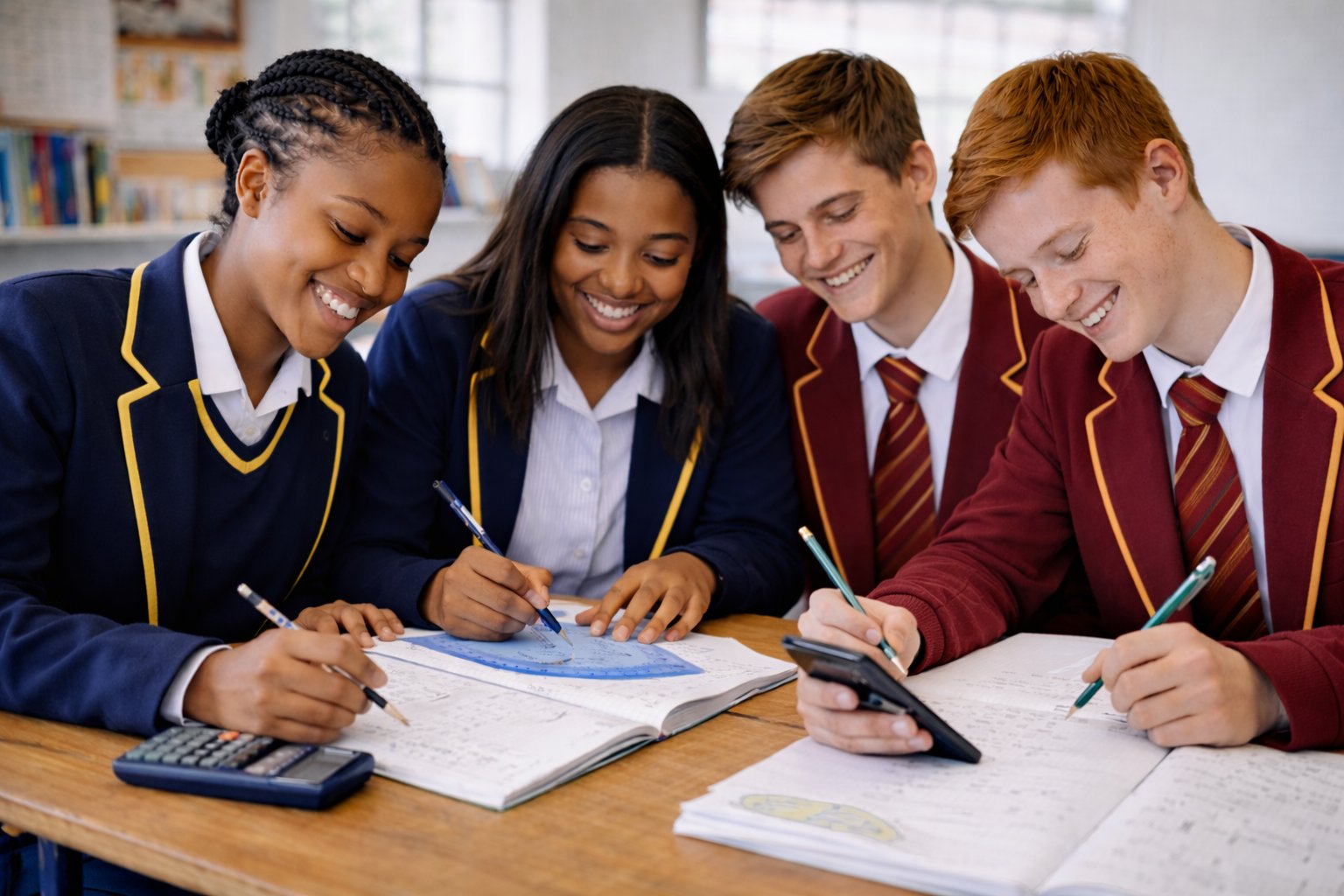 Diverse South African high school students studying mathematics together in school uniform