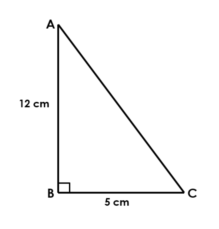 Triangle ABC, right angle at B; AB is 12 cm and BC is 5 cm.
