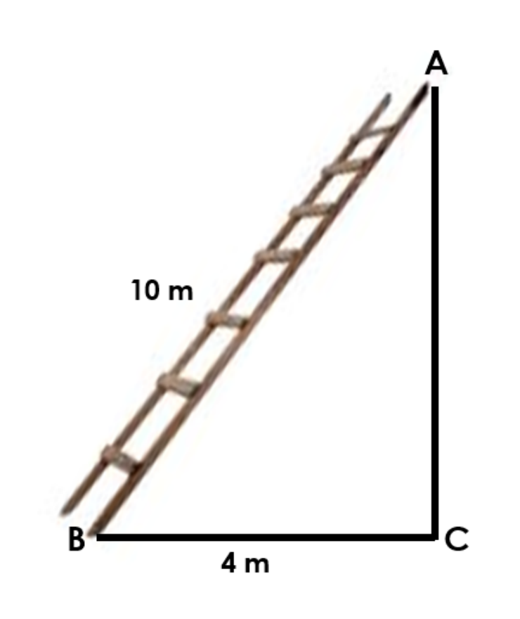 Ladder AB, 10 m long; its foot B is 4 m from the base C of a vertical wall.