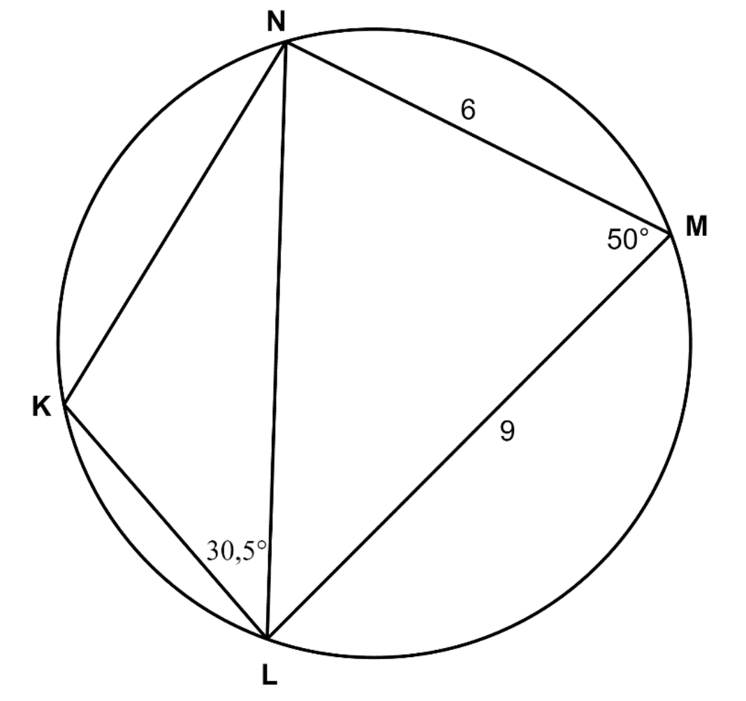 Cyclic quadrilateral KLMN. LM = 9 cm, MN = 6 cm, angle LMN = 50 degrees, angle KLN = 30.5 degrees.