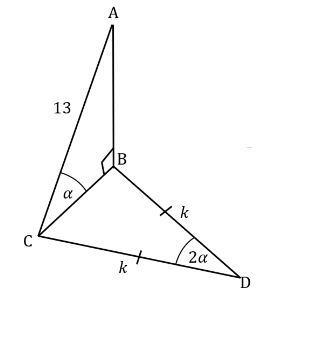 Original question-paper diagram of vertical triangular wall ABC on floor triangle BCD, with CA 13, equal sides k, alpha and 2 alpha labelled.
