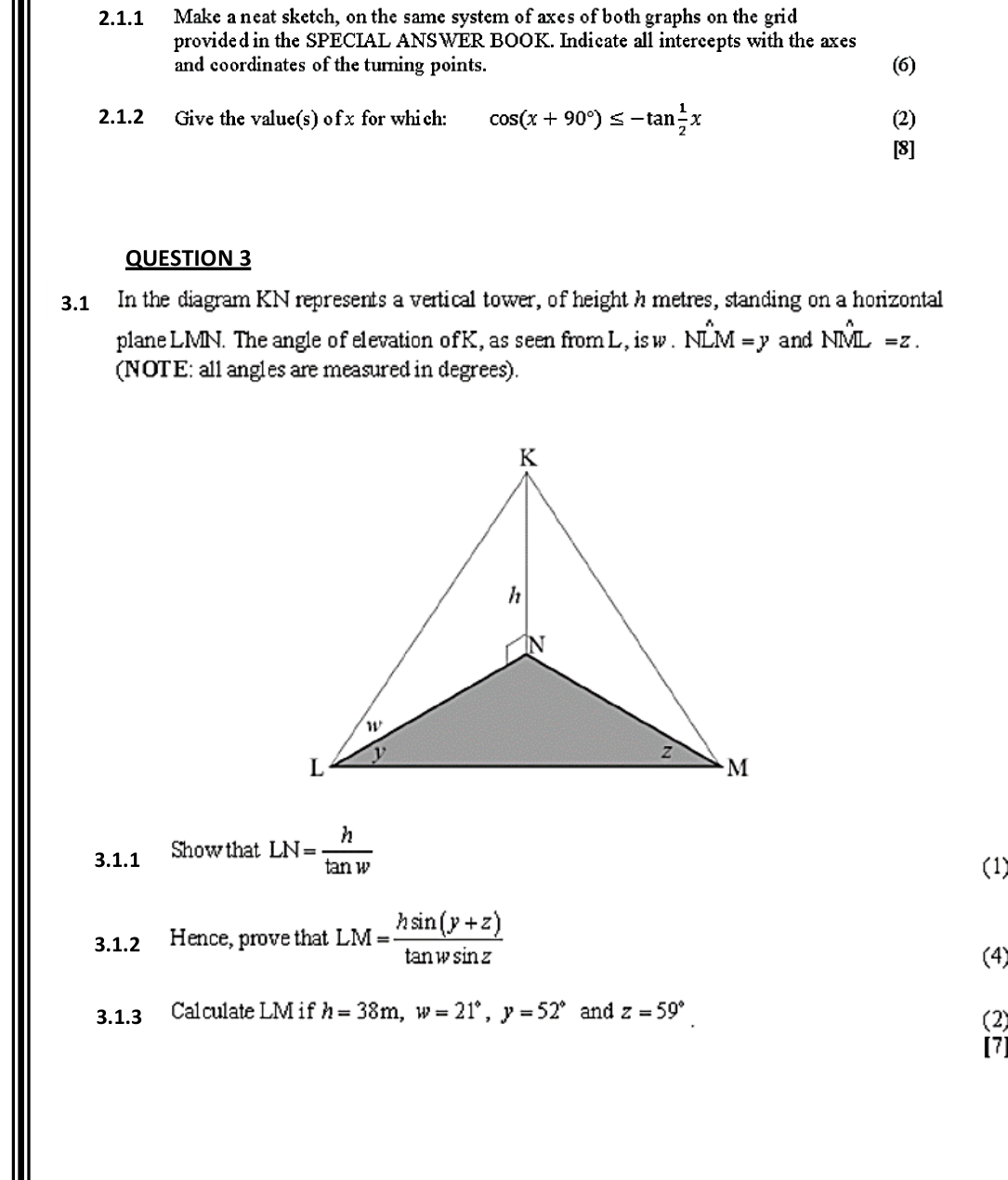 KZN 2026 Question 3 showing a vertical tower KN above horizontal plane LMN, with height h, angle of elevation w, and ground angles y and z.